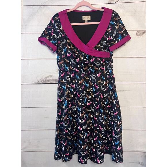 Lindy Bop Dresses & Skirts - Lindy Bop Dress Women's Black Multi Color Deer Print V-Neck Short Sleeve Midi